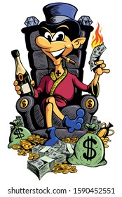 Cartoon Style Rich Man, Sitting On The Royal Throne, Smokes A Cigar And Drinks Wine, With Lots Of Money And Gold.