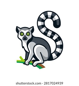 Cartoon style ring tailed lemur with striped tail sitting