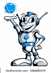 Cartoon style robot, android with the energy ball in his hand, vector cartoon character.