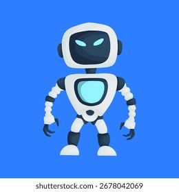 A cartoon style robot, designed with clean lines and simple shapes. The color palette is limited to white, blue shades, and gray, creating a modern look.