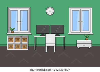 cartoon style room home office with table desktop monitors storage shelf vector flat illustration