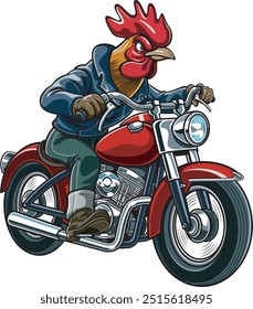 cartoon style rooster  driving on a vintage motorcycle