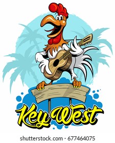 Cartoon style rooster playing guitar with palms on background, vector illustration.