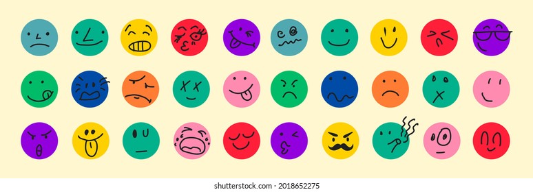 Cartoon style. Round emoji comic faces with various Emotions. Flat design. Hand drawn abstract trendy Vector illustration. Different colorful characters. 