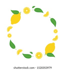 Cartoon style round vector frame, card template with set, collection of fresh yellow lemons.
