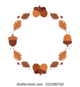 Cartoon style round vector frame, card template with acorns and oak leaves for autumn, fall design.
