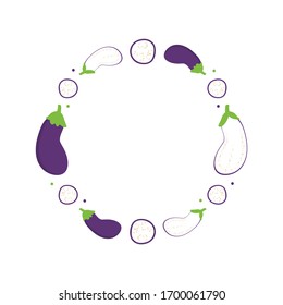 Cartoon style round vector frame, card template with eggplant, aubergine.
