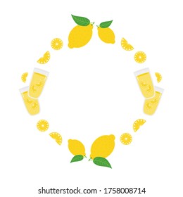 Estilo de caricatura marco vectorial redondo, plantilla de tarjeta para el diseño de verano con limonada y limones amarillos frescos.