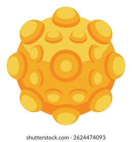 Cartoon style round yellow planet with craters, on white background