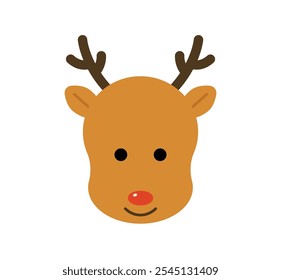 Estilo de desenho animado Rudolph a rena face ilustração em fundo branco. Vetor plano clip art para o Natal.