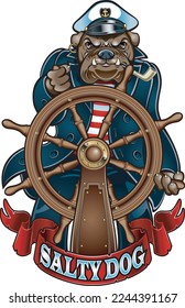 Cartoon style salty dog standing at helm of the boat