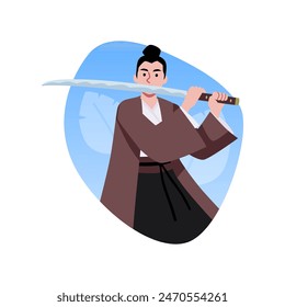 Samurai de estilo caricatura armado con una espada enmarcada por un contorno redondo minimalista sobre un fondo azul. Ilustración vectorial perfecta para las pegatinas y la decoración de samuráis.