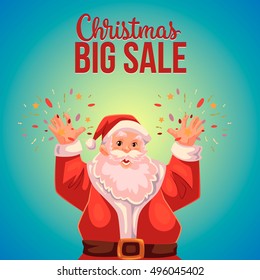 Cartoon style Santa Claus, Christmas vector sale banner, blue background, text at top. Half length portrait of Santa declaring a sale, Christmas sale banner template