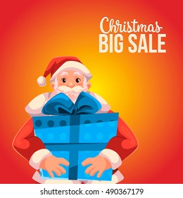 Cartoon style Santa Claus holding a big box, Christmas vector sale banner, red background, text at the top. Half length portrait of Santa holding a large blue box, Christmas sale banner template