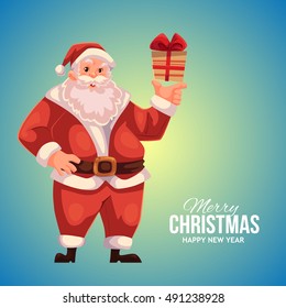 Cartoon style Santa Claus holding a small gift box, Christmas vector greeting blue card. Full length portrait of Santa holding a little present box, greeting card template for Christmas eve