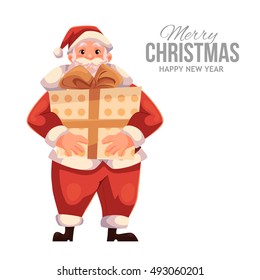 Cartoon style Santa Claus holding a big gift box, Christmas vector greeting card. Full length portrait of Santa holding a large present box, greeting card template for Christmas eve