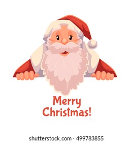Cartoon style Santa Claus holding a sign with both hands, Christmas vector greeting card, white background. 