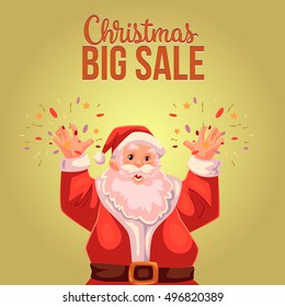 Cartoon style Santa Claus making fireworks, Christmas vector sale banner, gold background, text at the top. Half length portrait of Santa declaring a sale, Christmas sale banner template