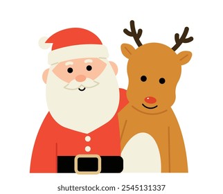 Ilustração de personagem de renas de Papai Noel e Rudolph estilo desenhos animados sobre fundo branco. Vetor plano clip art para o Natal.