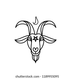 Cartoon Style Satan Drawing, Goat Head With Pentagram And Fire. Beelzebub Or Baphomet, Satanic Symbol. Cute Devil Vector Illustration.