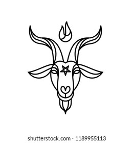 Cartoon Style Satan Drawing, Goat Head With Pentagram And Fire. Beelzebub Or Baphomet, Satanic Symbol. Cute Devil Vector Illustration.