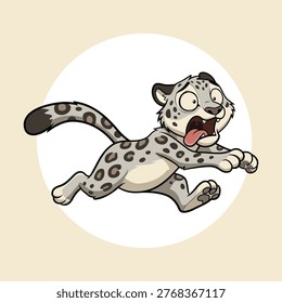 Cartoon Style Scared Snow Leopard Running Away Wild Animal Illustration
