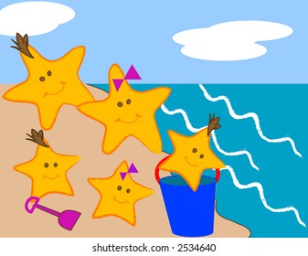 Cartoon style scene of a starfish family at the beach.