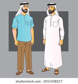 Cartoon style scene of two young Gulf men standing