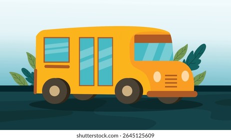 Cartoon style school bus parked with green leaves and simple background