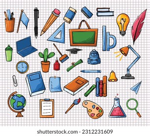 cartoon style school tools art illustration