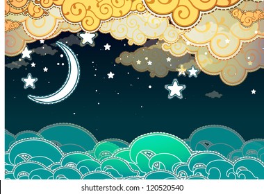 Cartoon style sea and clouds at night