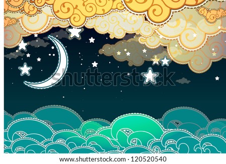 Cartoon style sea and clouds at night