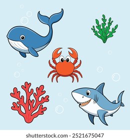 cartoon style of sea creature set mascot illustration.