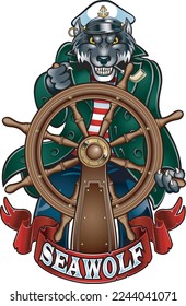 Cartoon style sea wolf standing at helm of the boat