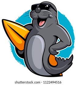 Cartoon style seal with the sunglasses and surf board, seal cartoon character.