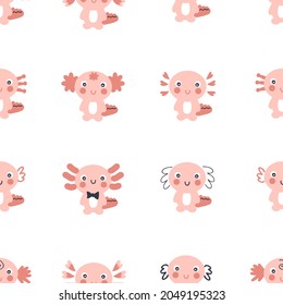 Cartoon style seamless pattern with axolotls. Perfect for T-shirt, textile and prints. Hand drawn vector illustration for decor and design.



