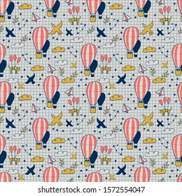 Cartoon style seamless pattern with birds, balloons, cats and clouds.