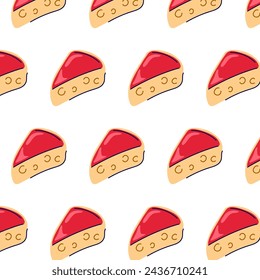 Patrón sin fisuras del estilo de la historieta de piezas de queso. Queso con agujeros. Fondo de pantalla de productos lácteos de comestibles. Ilustración vectorial aislada sobre un fondo blanco.