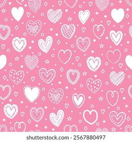Cartoon style seamless pattern with cute hearts. Texture with hand drawn shapes. Doodles. Design for Valentine’s Day, Mother’s Day and Women’s Day. Vector illustration
