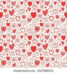 Cartoon style seamless pattern with cute hearts. Texture with hand drawn shapes. Doodles. Design for Valentine’s Day, Mother’s Day and Women’s Day. Vector illustration
