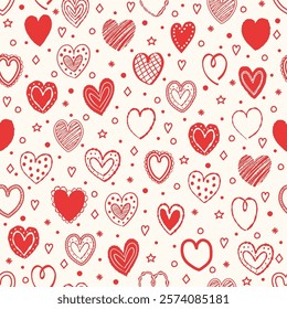 Cartoon style seamless pattern with cute hearts. Texture with hand drawn shapes. Doodles. Design for Valentine’s Day, Mother’s Day and Women’s Day. Vector illustration
