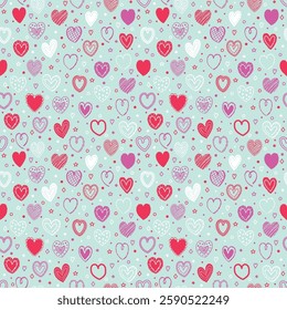 Cartoon style seamless pattern with cute hearts. Texture with hand drawn shapes. Doodles. Design for Valentine’s Day, Mother’s Day and Women’s Day. Vector illustration
