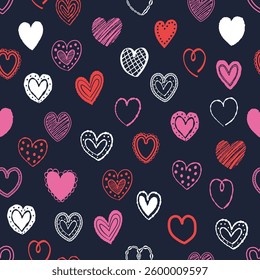 Cartoon style seamless pattern with cute hearts. Texture with hand drawn shapes. Doodles. Design for Valentine’s Day, Mother’s Day and Women’s Day. Vector illustration