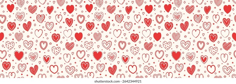 Cartoon style seamless pattern with cute hearts. Texture with hand drawn shapes. Doodles. Design for Valentine’s Day, Mother’s Day and Women’s Day. Vector illustration