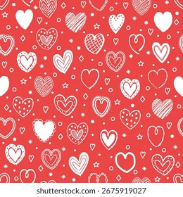 Cartoon style seamless pattern with cute hearts. Texture with hand drawn shapes. Doodles. Design for Valentine’s Day, Mother’s Day and Women’s Day. Vector illustration
