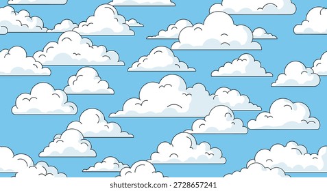 Cartoon style seamless pattern of fluffy white clouds drifting across a bright blue sky for playful and weather themed backgrounds.