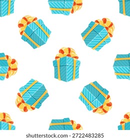 Modelo inconsútil del estilo de la historieta con la caja de regalo, la cinta, y el lazo. Los regalos crean un fondo festivo de cumpleaños o fiesta sorpresa. Ideal para ocasiones alegres y decoración. Brillante, colorido, vibrante