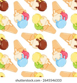 Estilo de desenho animado padrão sem emenda de cone de sorvete de colher com limão, baunilha, chocolate, hortelã, morango e sabor de pistache. Perfeito para café de sobremesa, pacote de verão e projeto de design de alimentos.