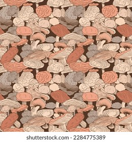 Cartoon style seamless repeatable mushroom fungi background vector illustration.