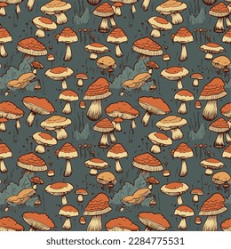 Cartoon style seamless repeatable mushroom fungi background vector illustration.